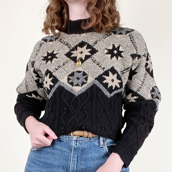 Vintage Cable Knit Wool Silk Fair Isle Scandinavian Oversized Winter Christmas - Picture 6 of 7